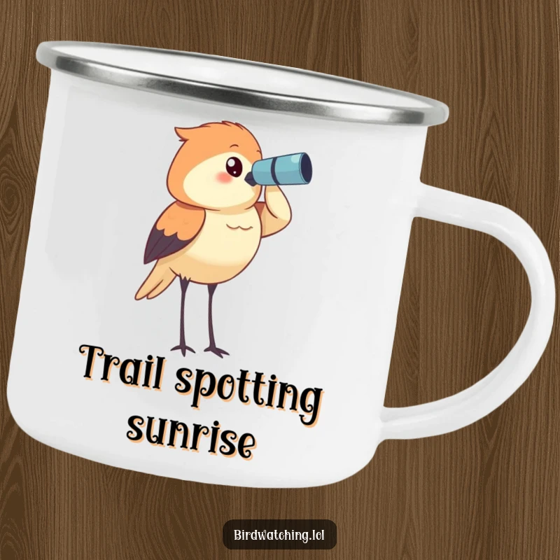 Funny bird watcher camping mug, determinedly surveying the horizon, celebrating outdoor observation and adventure.