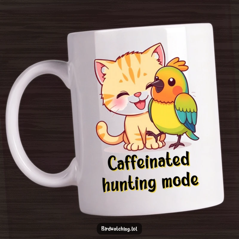 Funny happy cat sneaking up on a colorful bird, captured in a moment of playful mischief.