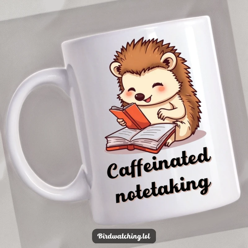 Funny mug featuring a happy hedgehog diligently writing in a journal, capturing a moment of adorable, meticulous humor, ideal for a unique gift.