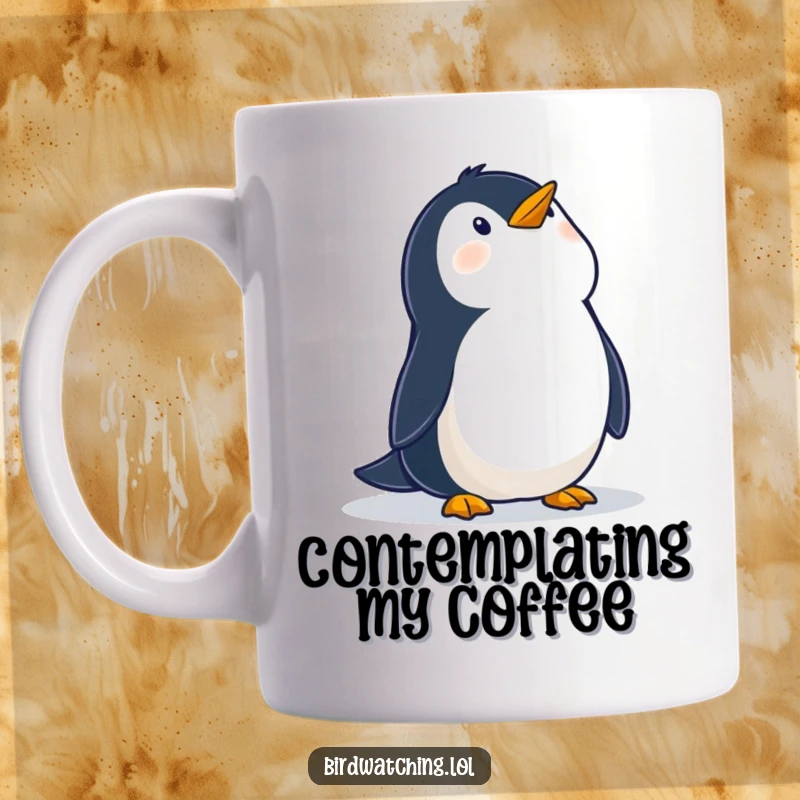 Funny mug with a wobbly penguin looking up in awe at the vast sky, capturing a moment of innocent wonder and curiosity.
