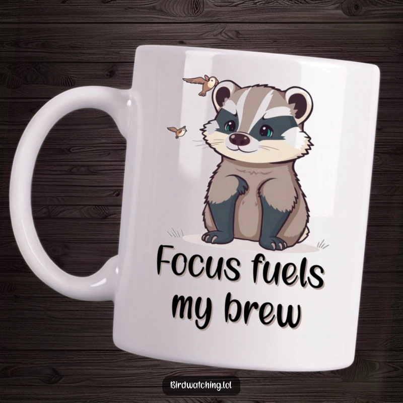 Funny determined badger mug character intently watching a distant flyer, embodying focus and hunting humor, a perfect gift.