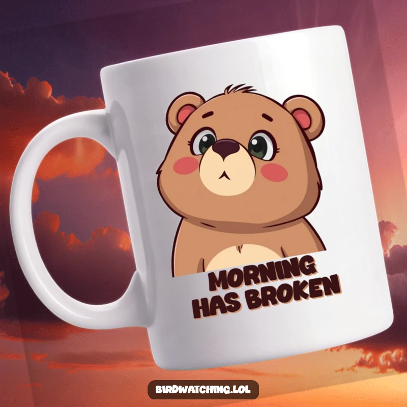 Funny mug featuring a determined bear gazing upwards with mouth agape in wonder, capturing a moment of awe and childlike curiosity.