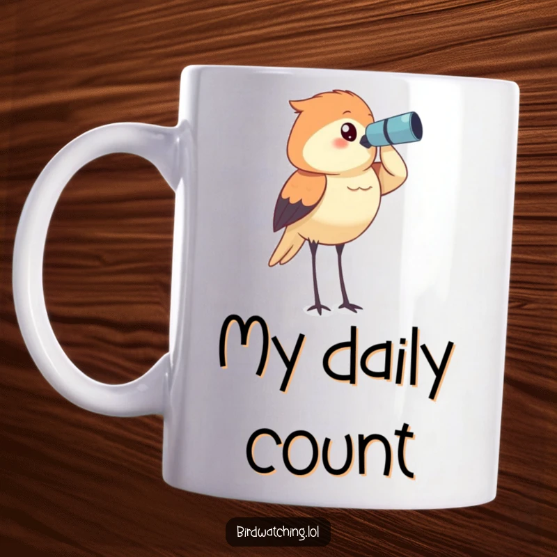 Funny bird watcher mug, determinedly surveying the horizon with binoculars, embodying focus and passion for spotting birds.