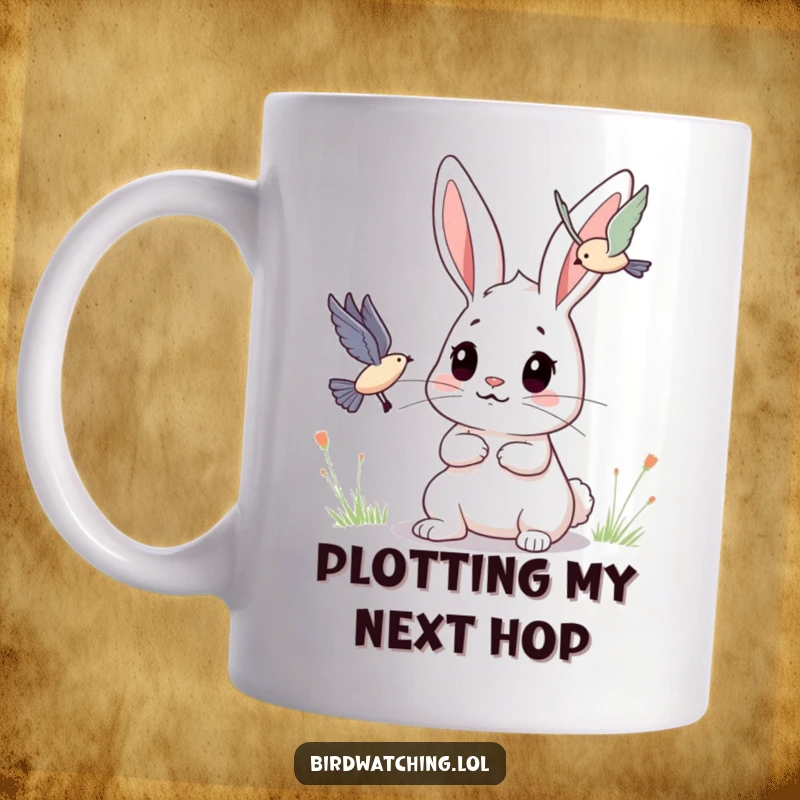 Funny Bunny Mug: A determined bunny intently observes a flying creature with focus. Perfect gift.
