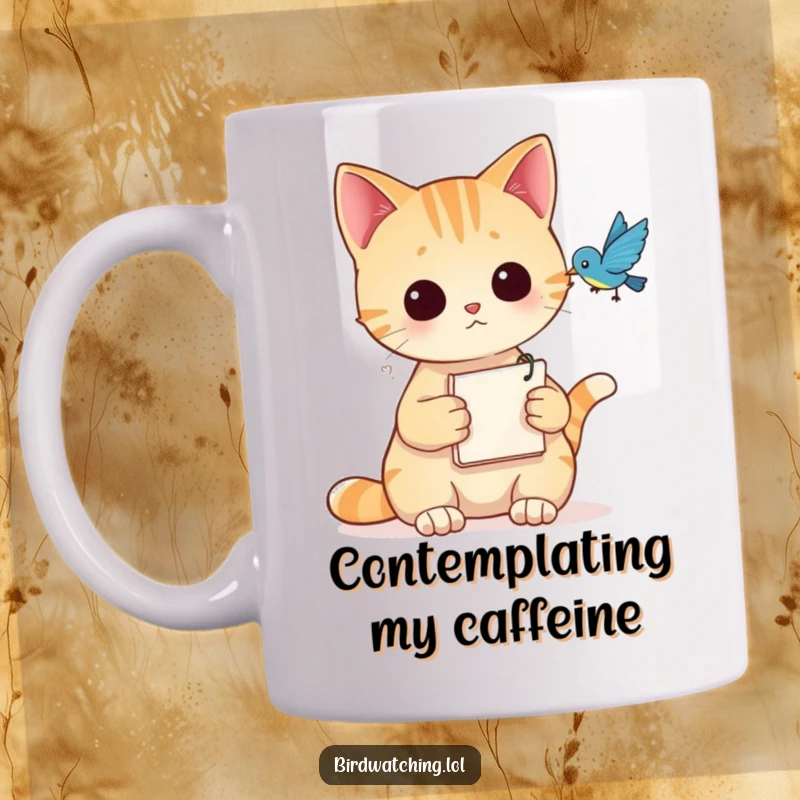 Funny Mug featuring a curious cat holding a notepad, intently observing a bird with detective-like focus.
