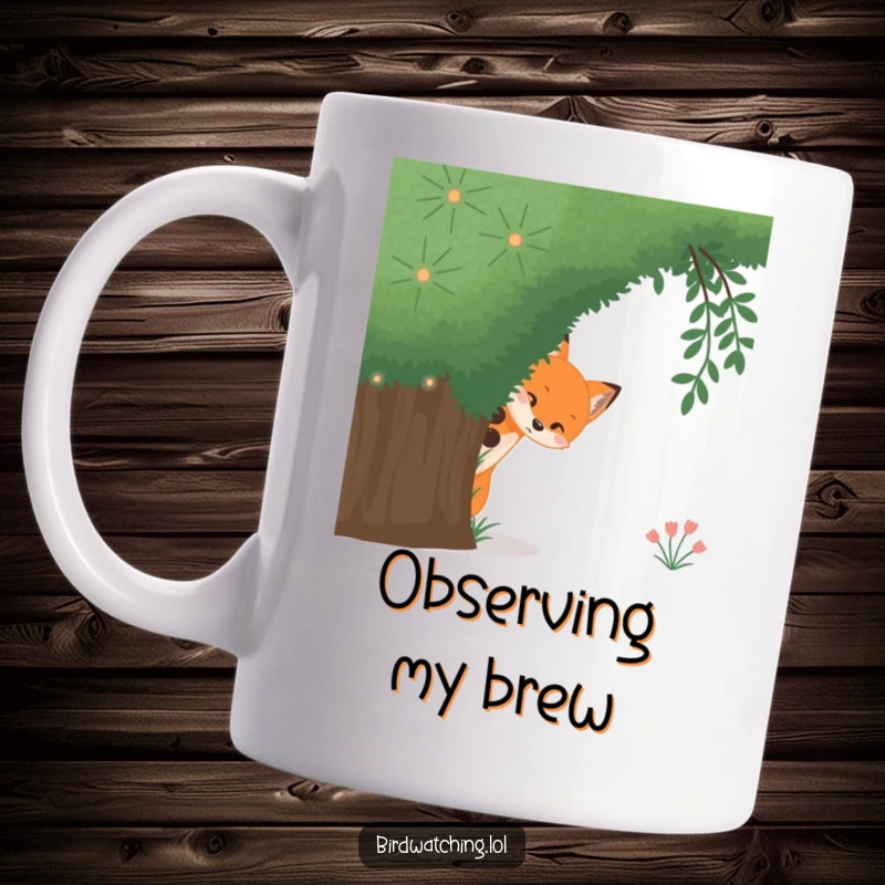 Funny curious fox mug, a sly fox peeking out from behind a large green bush, inviting intrigue and smiles.