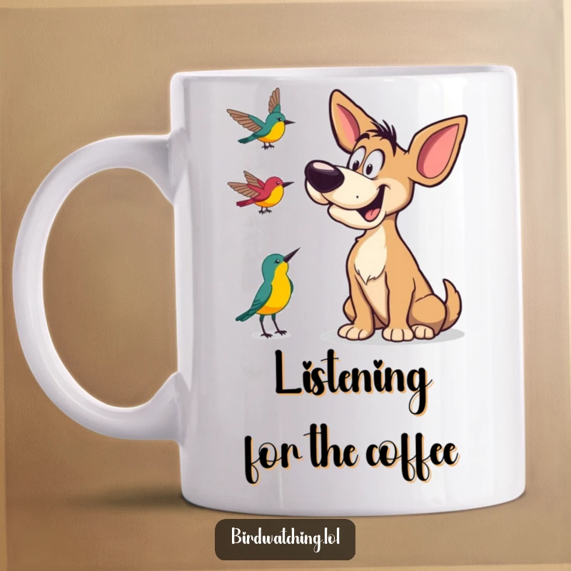 Funny Mug of a goofy dog tilting its head with curiosity, intently listening to unseen bird calls, pure animal humor.