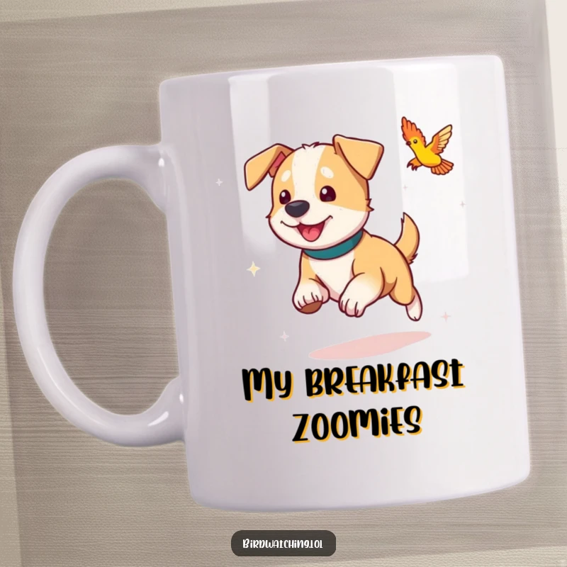 Funny dog mug, playfully chasing a colorful bird, embodying a dog's energetic and joyful pursuit.