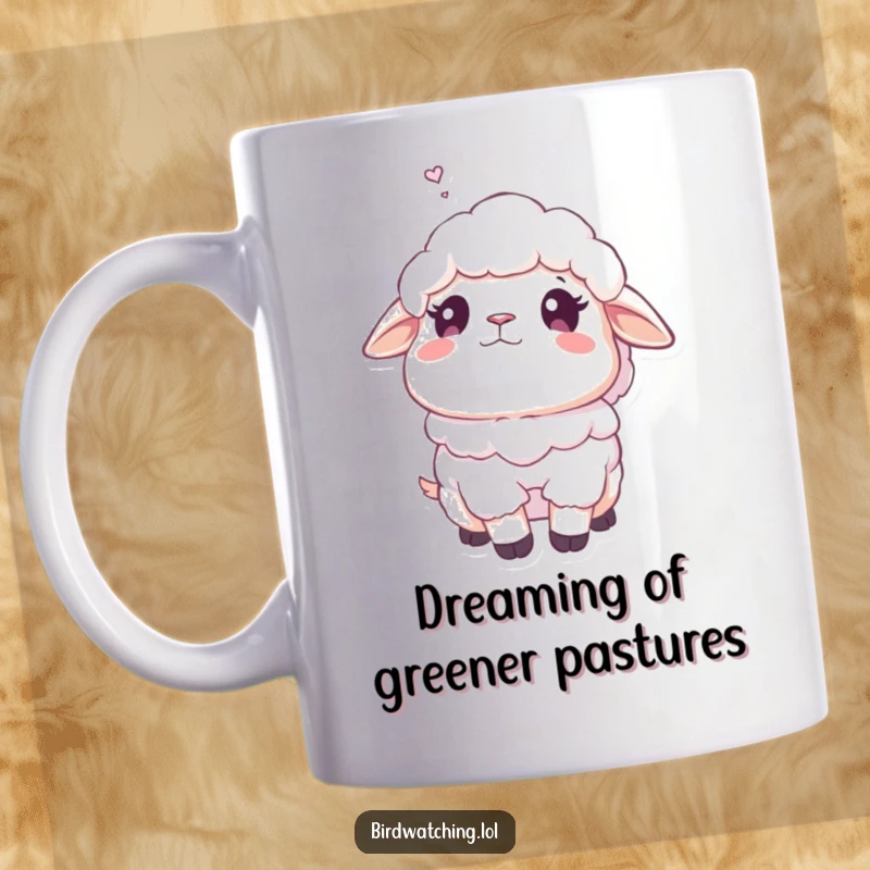 Funny fluffy sheep mug character gazing dreamily upwards, embodying peaceful thoughts and lighthearted humor, a delightful gift.