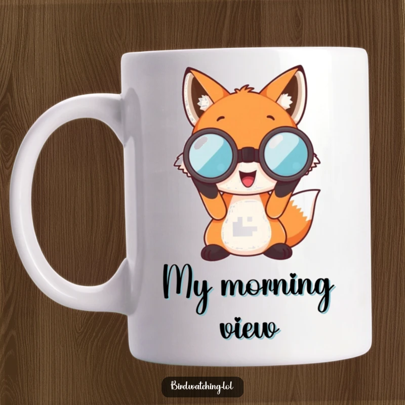 Funny Fox Mug: A cheerful fox character peering intently through comically oversized binoculars, ready for adventure.