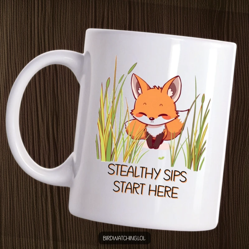 Funny mug featuring a smiling fox, creeping silently and focused through tall grass, a whimsical and humorous animal illustration for gift giving.