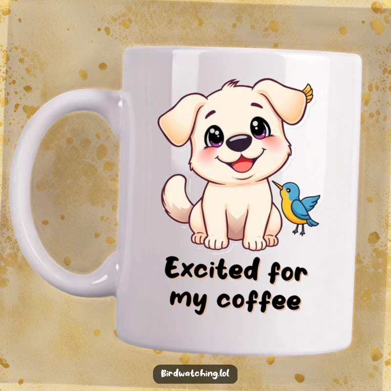 Funny Mug featuring a happy dog with wide eyes, tail wagging enthusiastically at a nearby bird.