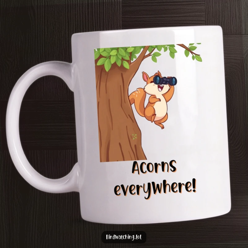Funny Leaping Squirrel Mug: A joyful squirrel jumps with binoculars, conveying excitement and a love for adventure.