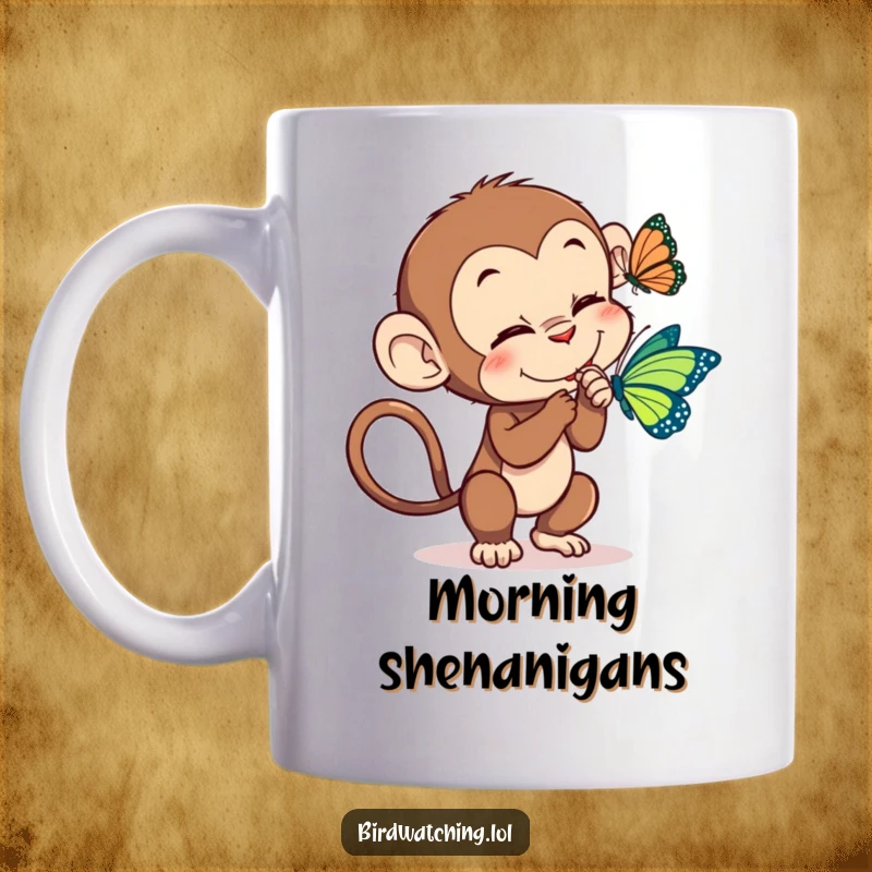 Funny monkey tickle mug, a mischievous monkey attempting to playfully tickle a delicate butterfly, bringing smiles.