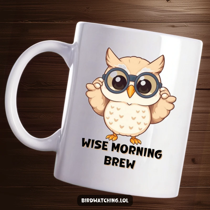 Funny mug featuring a happy owl peeking through binoculars with a wide smile, showcasing a sense of wonder and joy.