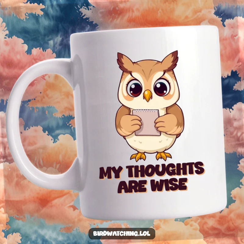 Funny owl mug character proudly holding a small notepad, ready to jot down smart ideas, a perfect humorous gift.