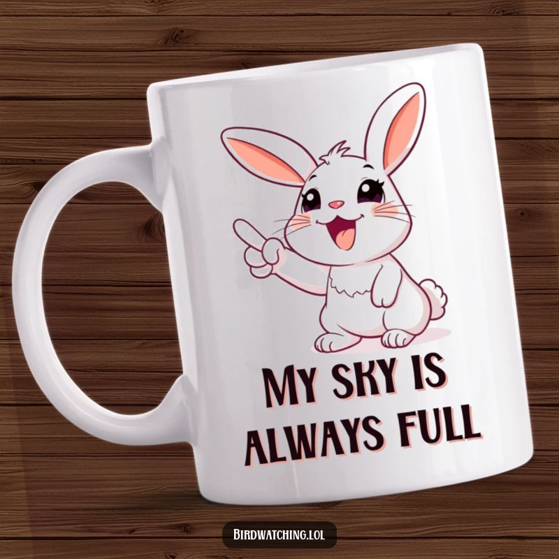Funny rabbit mug, excitedly pointing at the sky with a huge smile, expressing pure joy and wonder. Perfect gift.