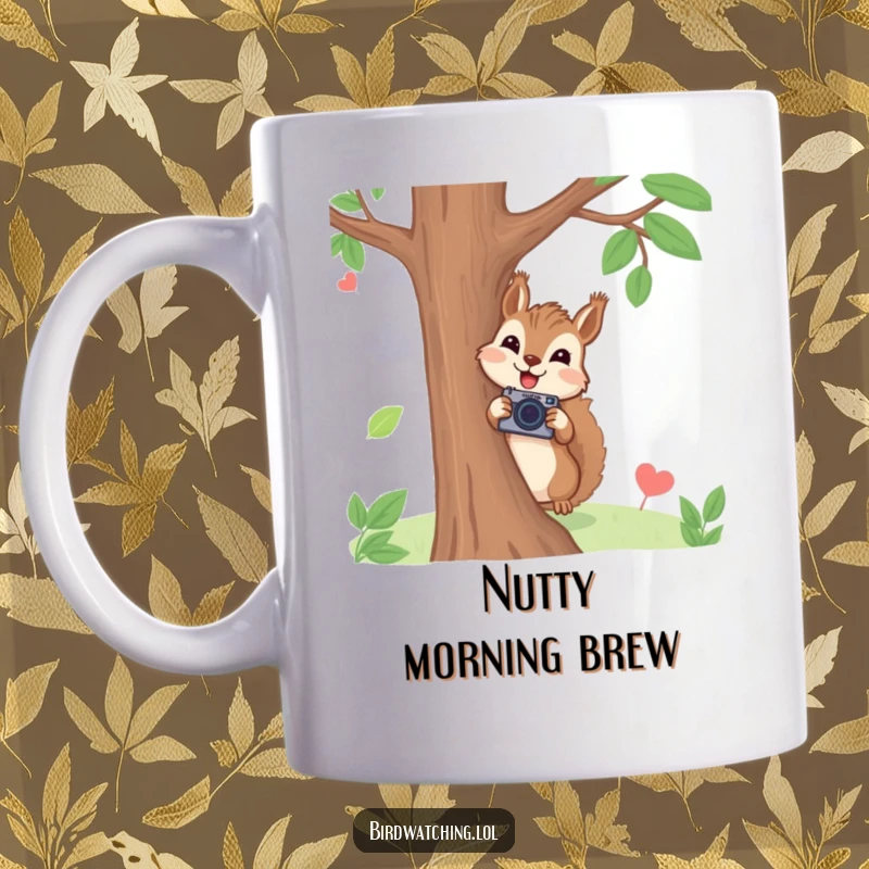 Funny squirrel photographer mug with a joyful squirrel peeking from behind a tree holding a tiny camera, humorous gift.