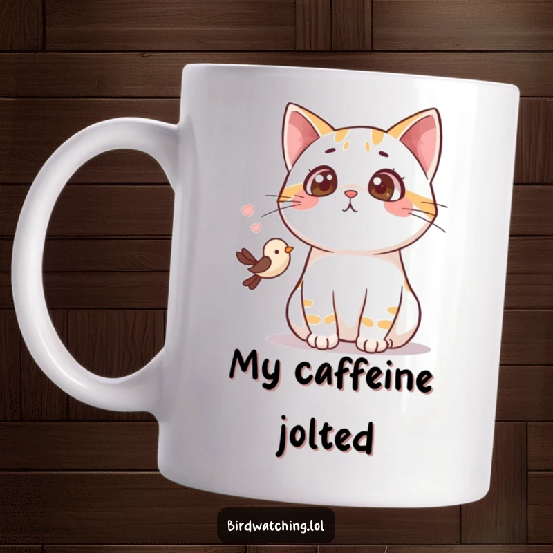 Funny surprised cat mug, wide-eyed and gasping at a tiny bird, making it a delightful and humorous gift.