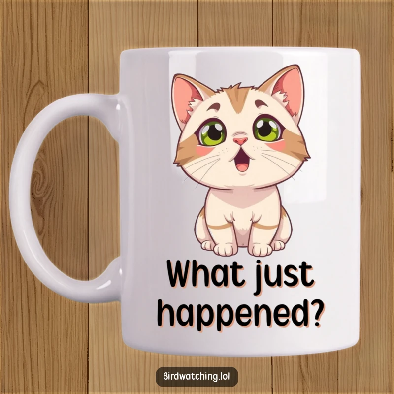 Funny surprised cat mug, looking up with wide, astonished eyes, showing pure shock and curiosity. Great gift.