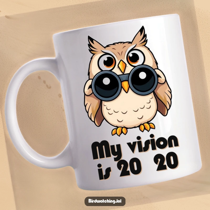 Funny mug featuring a surprised owl with comically wide eyes, peering intensely through binoculars, ready for adventure.