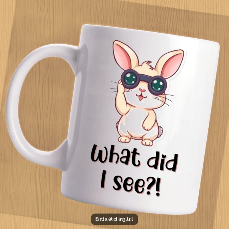 Funny surprised rabbit mug featuring a curious bunny holding binoculars to its eyes, looking shocked and amazed.