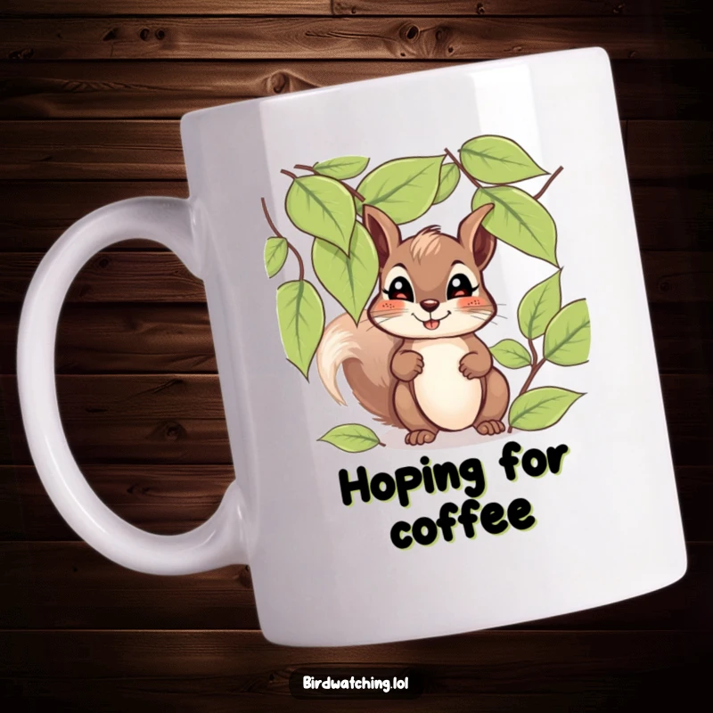 Funny giggling squirrel mug, a happy squirrel peeking through leaves with a hopeful expression, bringing joy to your day.