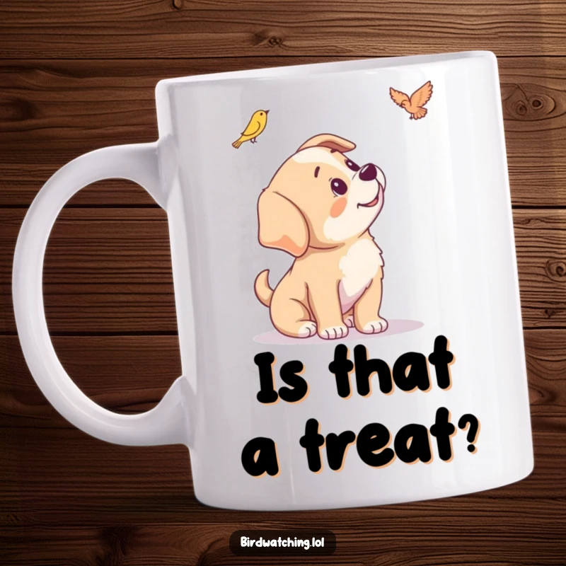 Funny mug featuring a cute, playful puppy tilting its head inquisitively at a tiny bird in the distance.