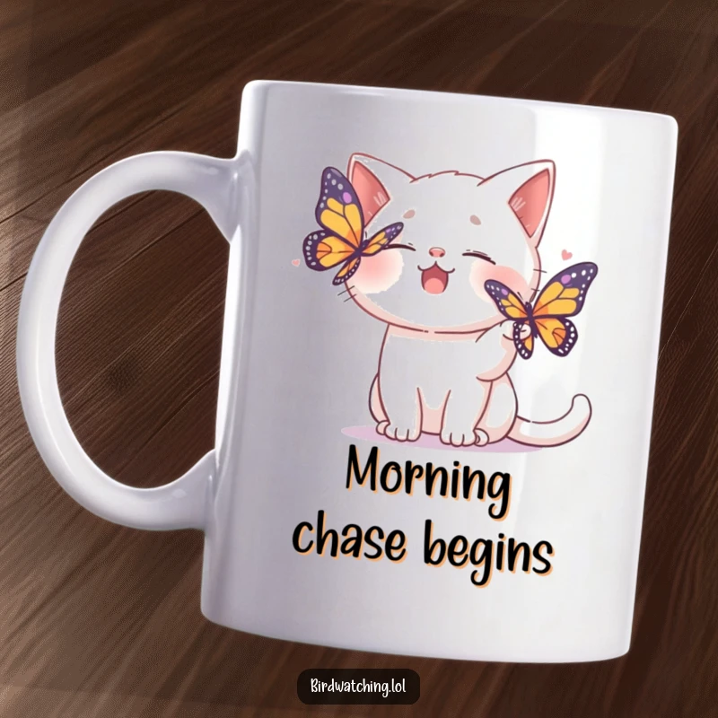 Funny mug with a giggling cat playfully attempting to shoo away a colorful butterfly, showing its silly nature.
