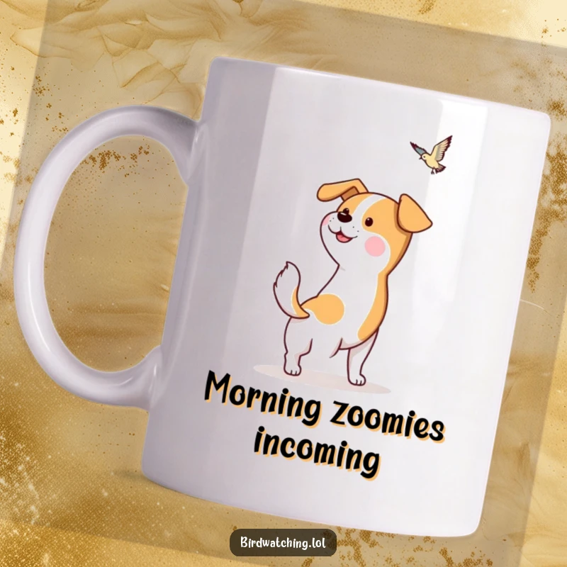 Funny Dog Mug: A hopeful dog wags its tail excitedly, spotting a bird. Perfect gift.