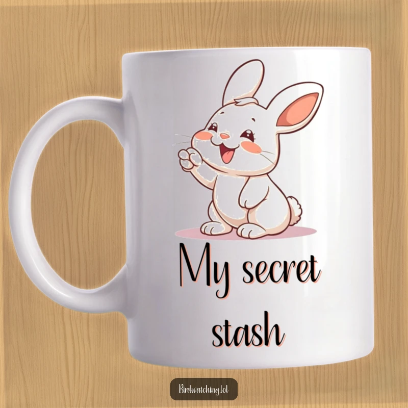 Funny rabbit mug, giggling and pointing excitedly at something unseen, embodying curiosity and joyful discovery.