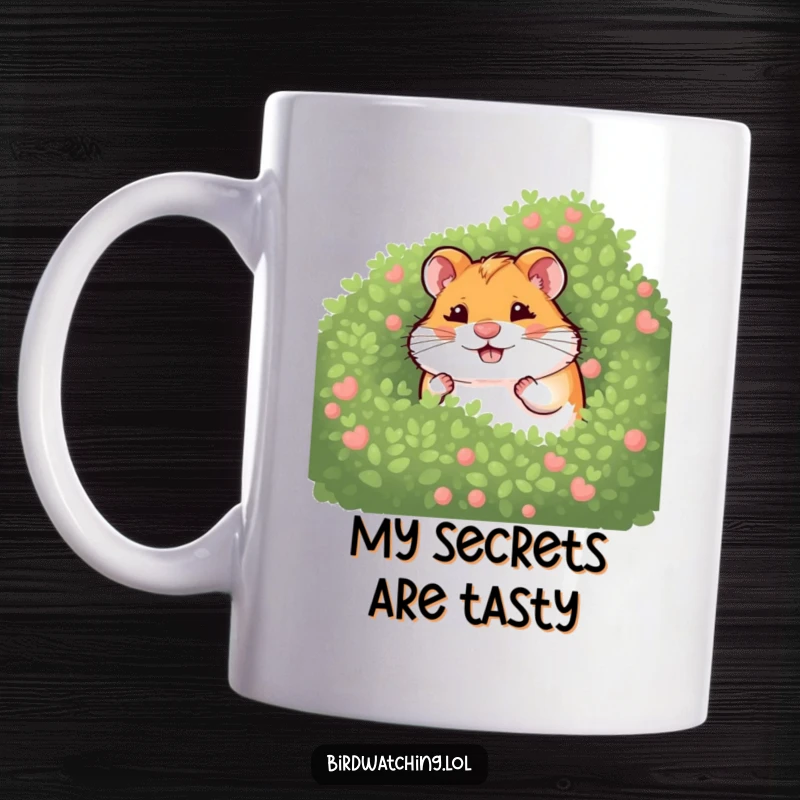 Funny giggling hamster mug character hiding behind a bush, embodying playful mischief and infectious humor, a delightful gift.