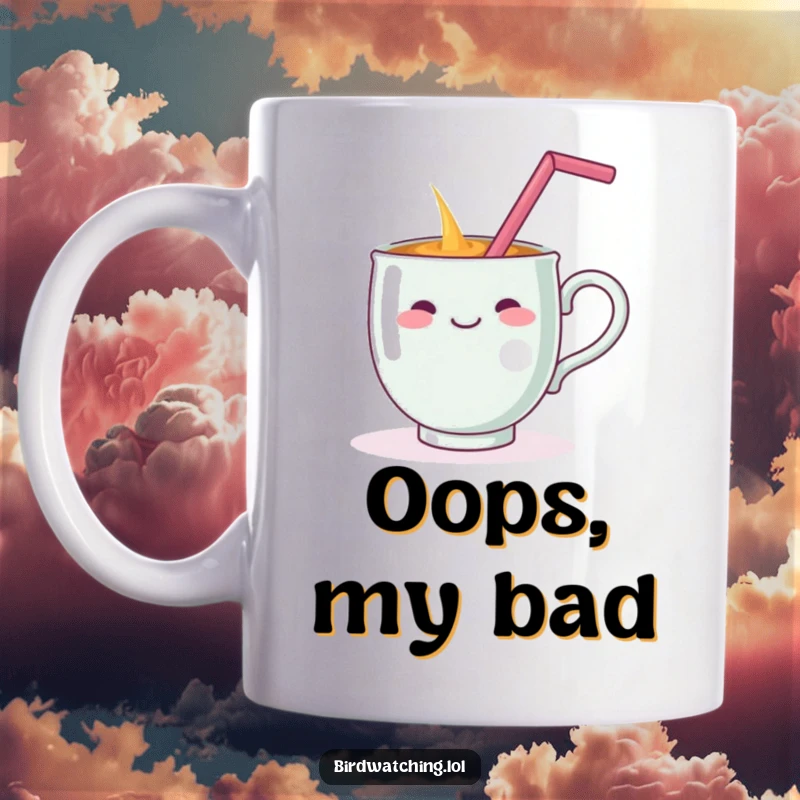 Funny mug depicting a cheerful teacup dramatically spilling its contents while balancing a straw on its handle, conveying comical mishap.