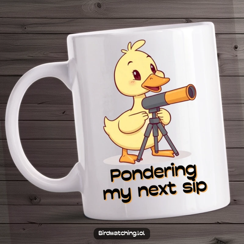 Funny wobbly duck mug, balancing telescope, trying to observe, humorous and determined, perfect gift.