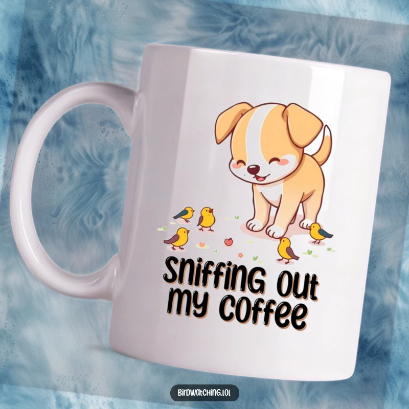 Funny dog mug, a playful canine sniffing the ground excitedly, actively searching for hidden birds with enthusiasm and focus.