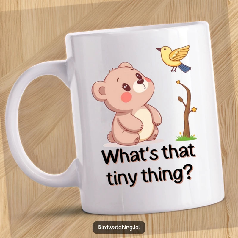 Funny mug featuring a curious bear looking up in awe at a small bird perched above, showcasing a heartwarming and humorous scene.