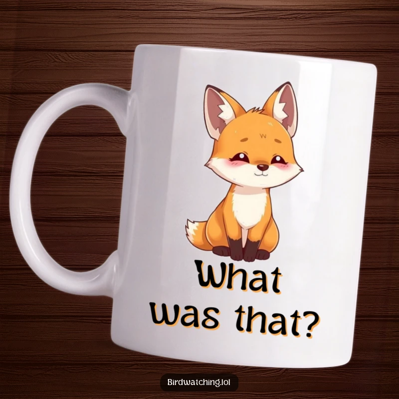 Funny playful fox mug, a curious fox tilting its head, listening intently with keen interest and expression.