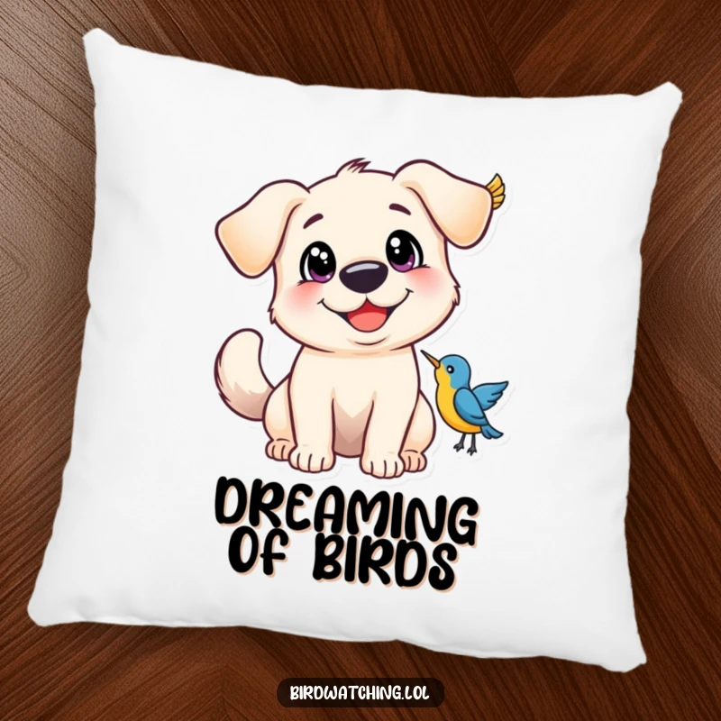 Funny Pillow with a happy dog, wide eyes and wagging tail, excited by a bird, adding comfort.