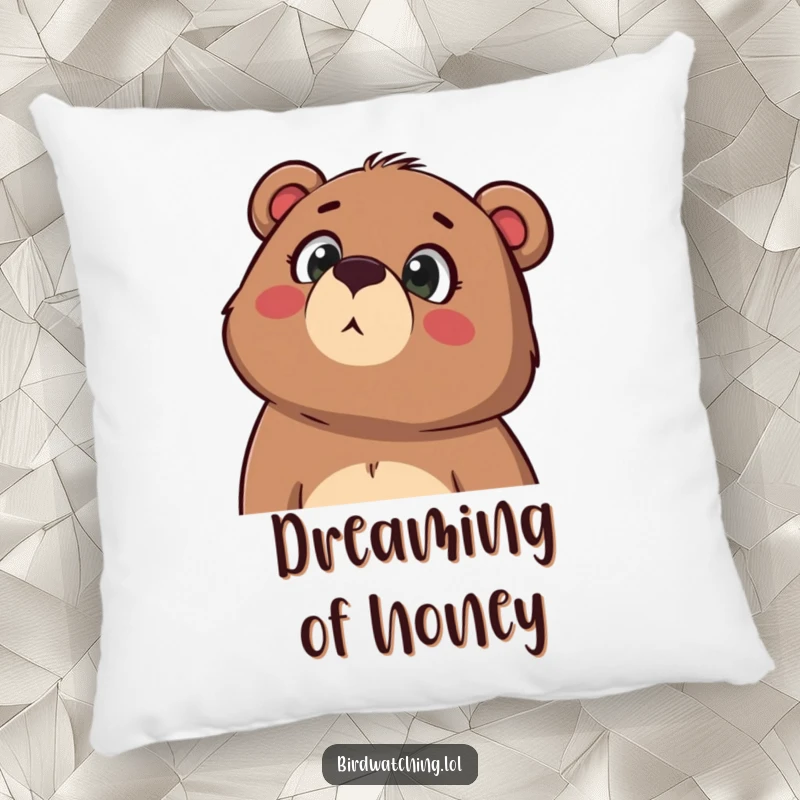 Funny pillow featuring a determined bear gazing upwards in wonder, mouth slightly open, designed for comfort and humor, perfect gift.
