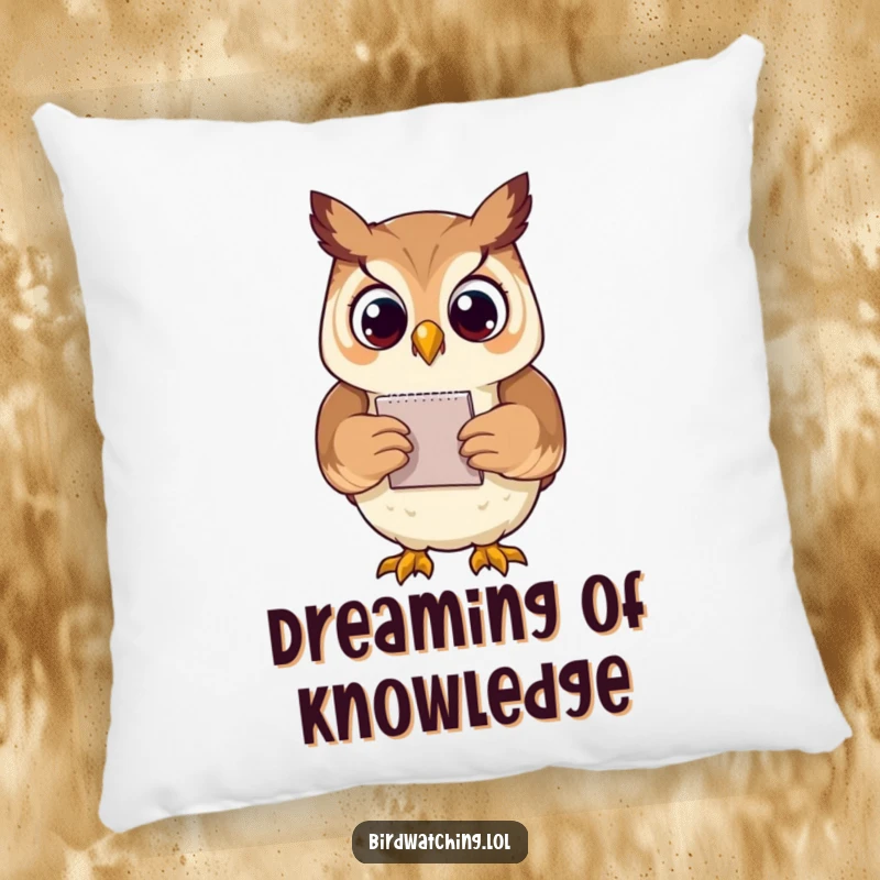Funny proud owl pillow featuring an owl with a notepad, offering comfort and witty charm, an amusing decorative pillow.