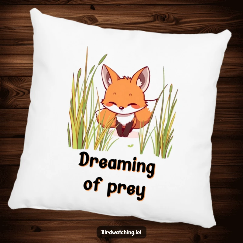Funny pillow with a smiling fox creeping stealthily through grass, focused and quiet, offering comfort and humor, ideal for gifting.