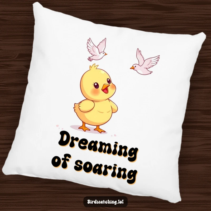 Funny duckling throw pillow, watching a bird fly with delight. Soft, cozy, and adorable decor.