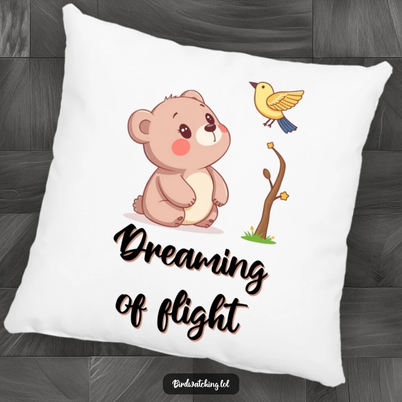 Funny pillow featuring a bear's endearing look of wonder towards a bird, adding a touch of soft humor and charm to any living space, ideal for a gift.