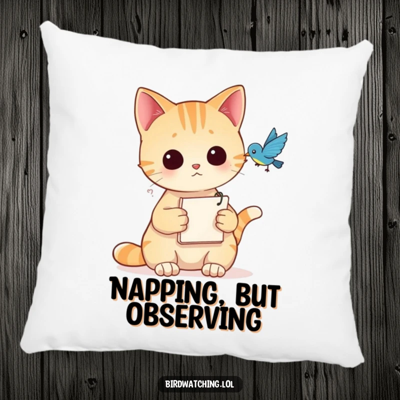 Funny Pillow with a curious cat holding a notepad, observing a bird, adding comfort and humor.