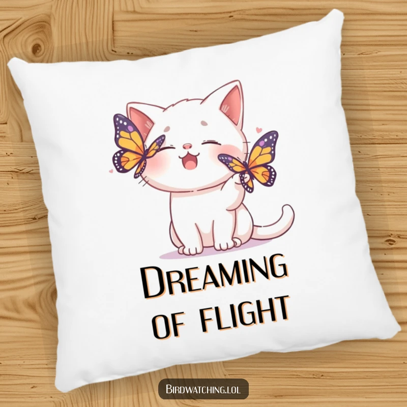 Funny pillow with a giggling cat playfully interacting with a colorful butterfly, radiating happiness.