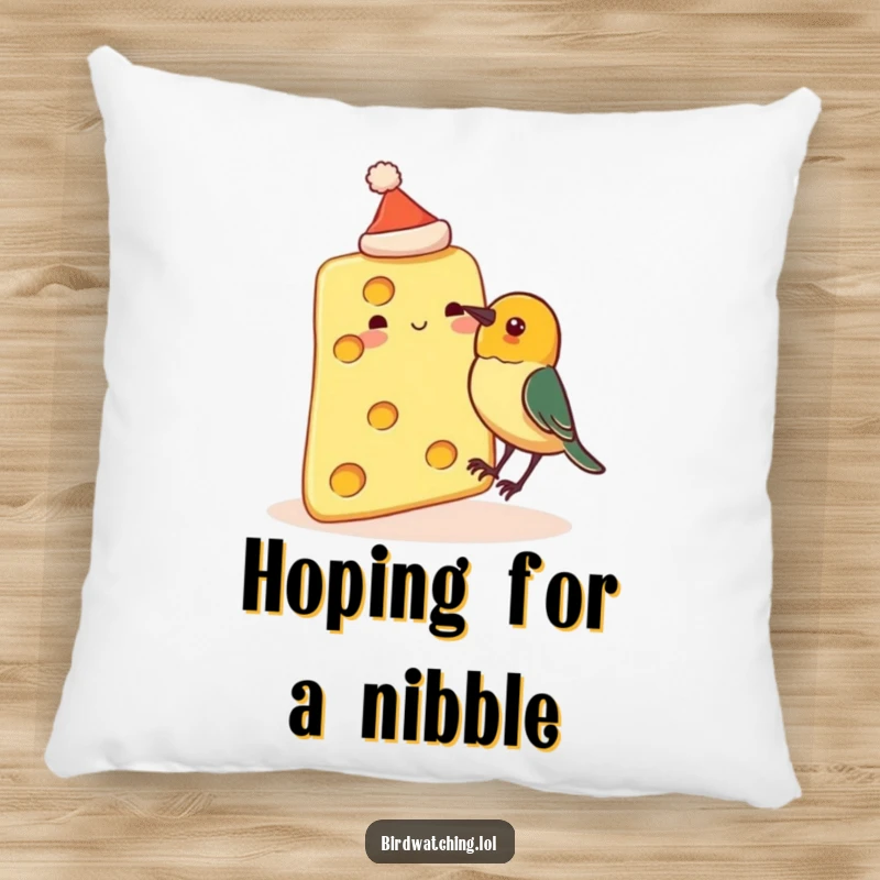 Funny throw pillow depicting a slice of cheese wearing a small hat, about to be pecked by a curious bird, a humorous and cozy accent.
