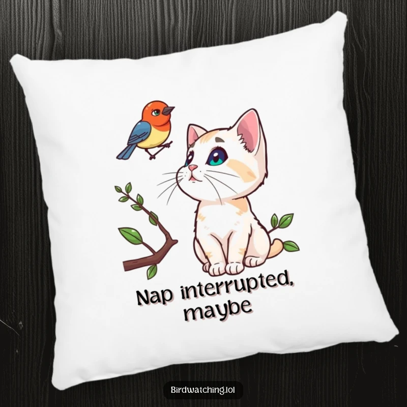 Funny pillow with a curious cat watching a bird on a branch, adding humor and comfort to any space.