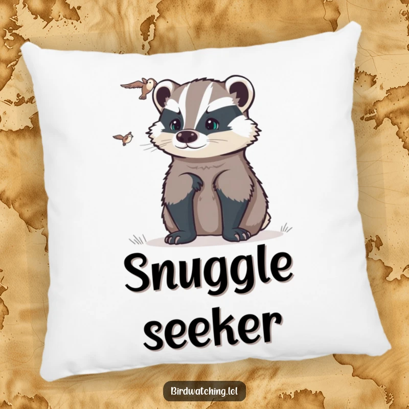 Funny determined badger pillow featuring a badger intently observing, offering comfort and a humorous touch of constant vigilance.
