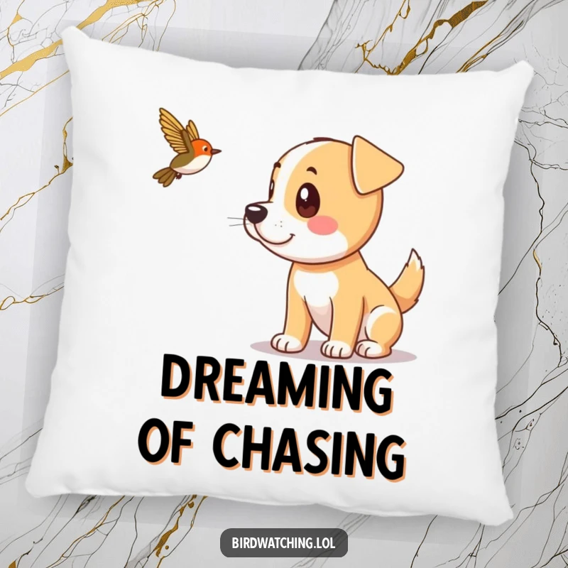 Funny playful dog spotting a bird with ears perked, soft and humorous decorative pillow.