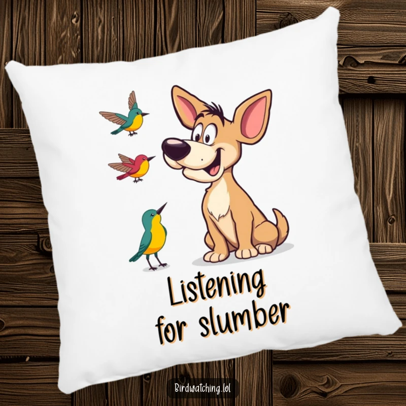 Funny Pillow featuring a goofy dog tilting its head to listen, adding soft, canine humor to any cushion.